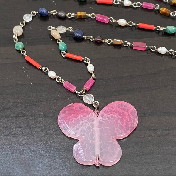 Handmade Pink Butterfly Pendant Genuine Stones Beaded Long Necklace - Picture 10 of 11
